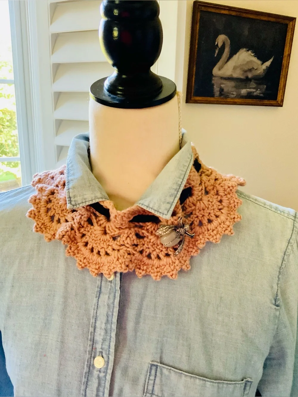 Desert Rose Crochet Collar with Silver Jeweled Bee Brooch